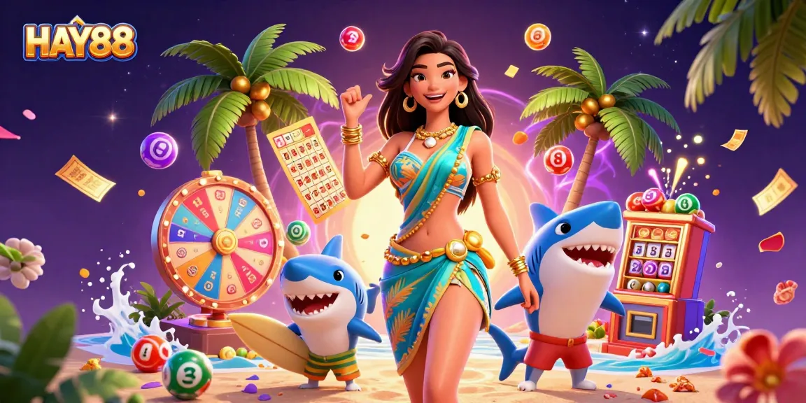 Play exciting games at HAY88 with vibrant characters and dynamic lottery elements in a captivating scene.