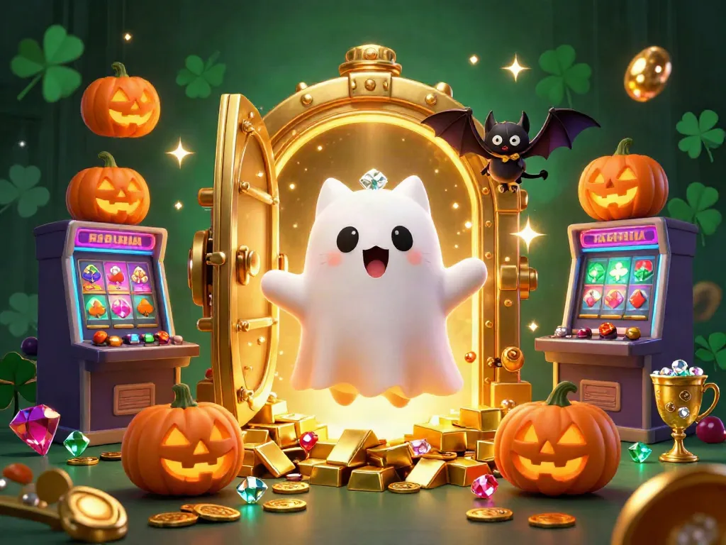 Experience thrilling wins at rickvip with a friendly ghost cat and vampire bat in a vibrant casino.