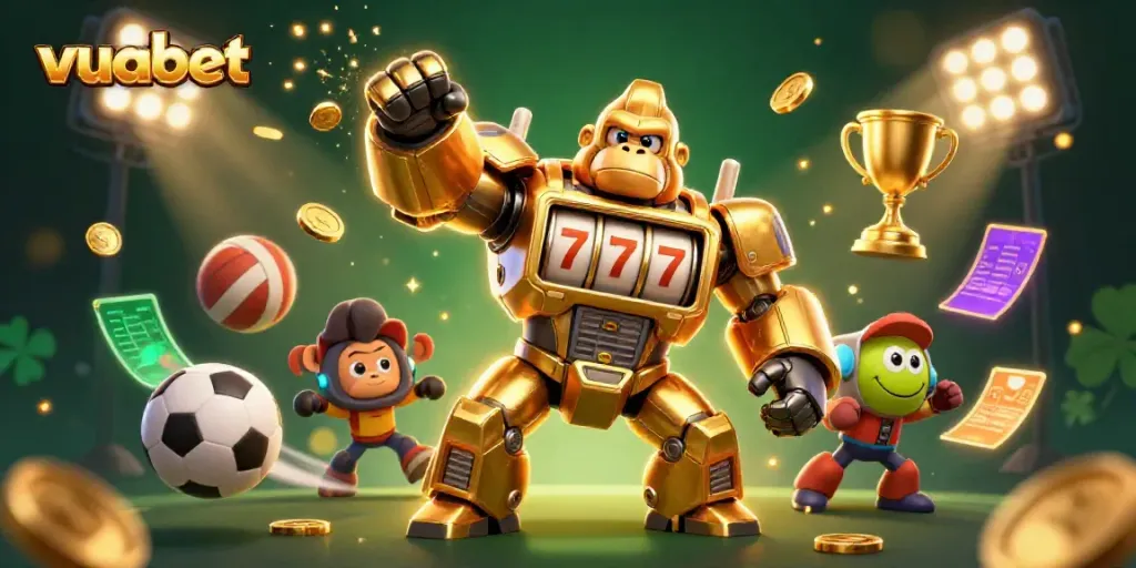Experience the excitement with vuabet as a golden gorilla mech triumphs in a vibrant casino scene full of sports elements.