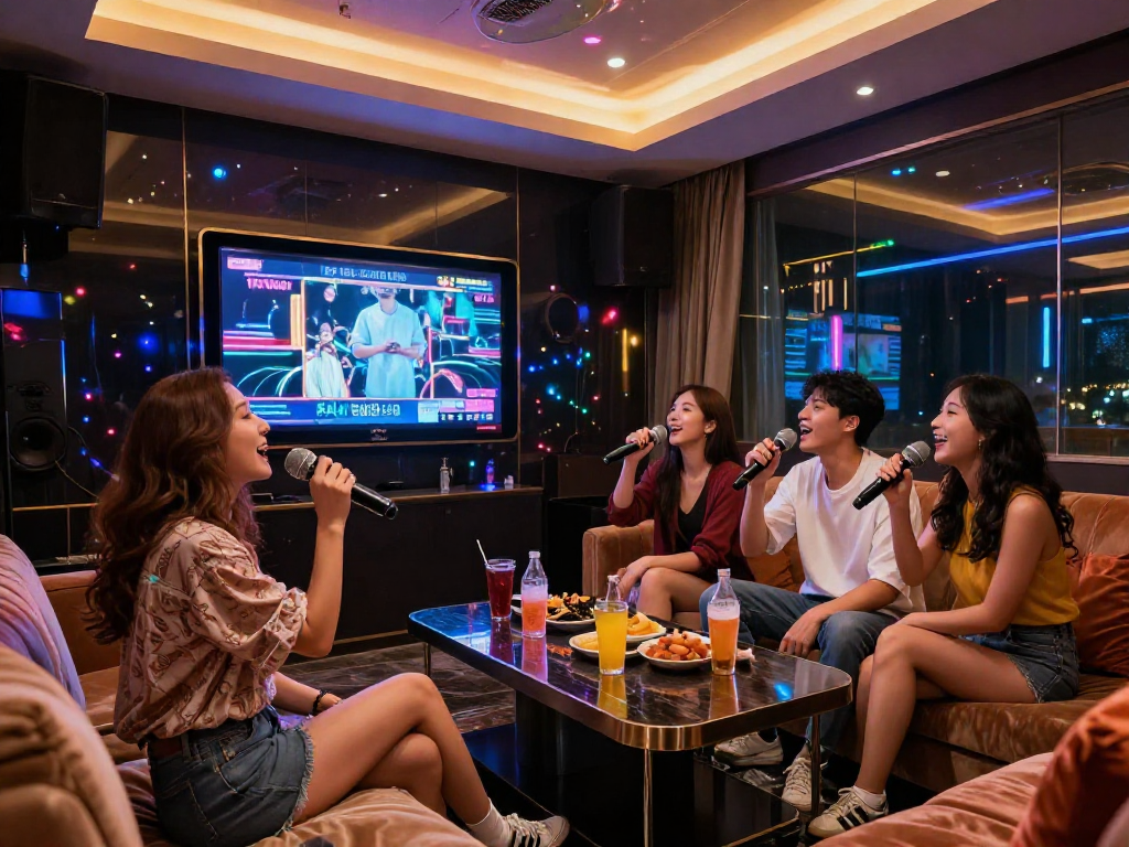 강남 가라오케에서 친구들과 함께 노래를 부르는 세련된 분위기