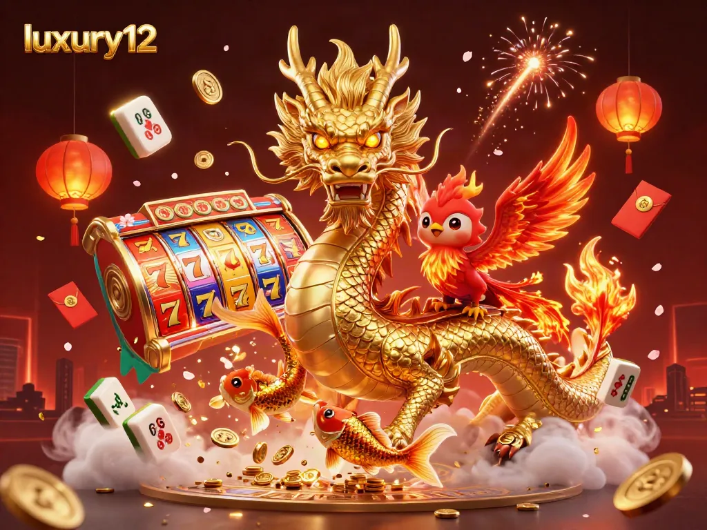 Experience luxury12 slots with a fierce dragon and phoenix amidst vibrant casino elements.