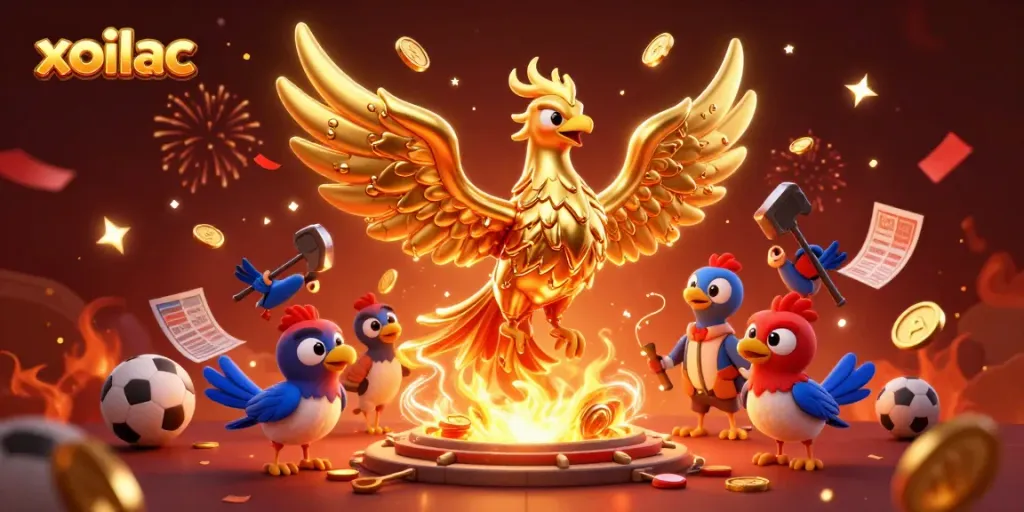 Xoilac's dynamic sports betting experience featuring a molten metal phoenix and celebratory elements.