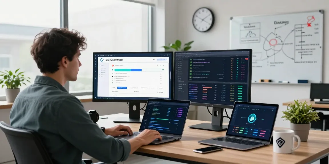 Seamless PulseChain Bridge process on a developer's screen in a modern workspace