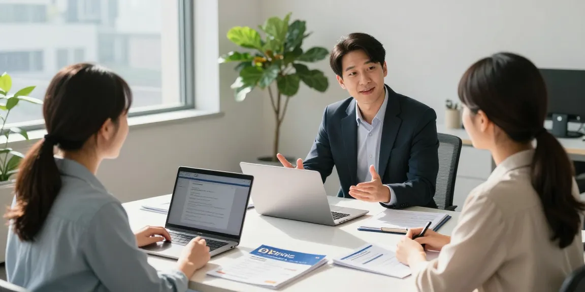 Client meeting about 오피가이드 services in a bright office setting, showcasing professionalism.