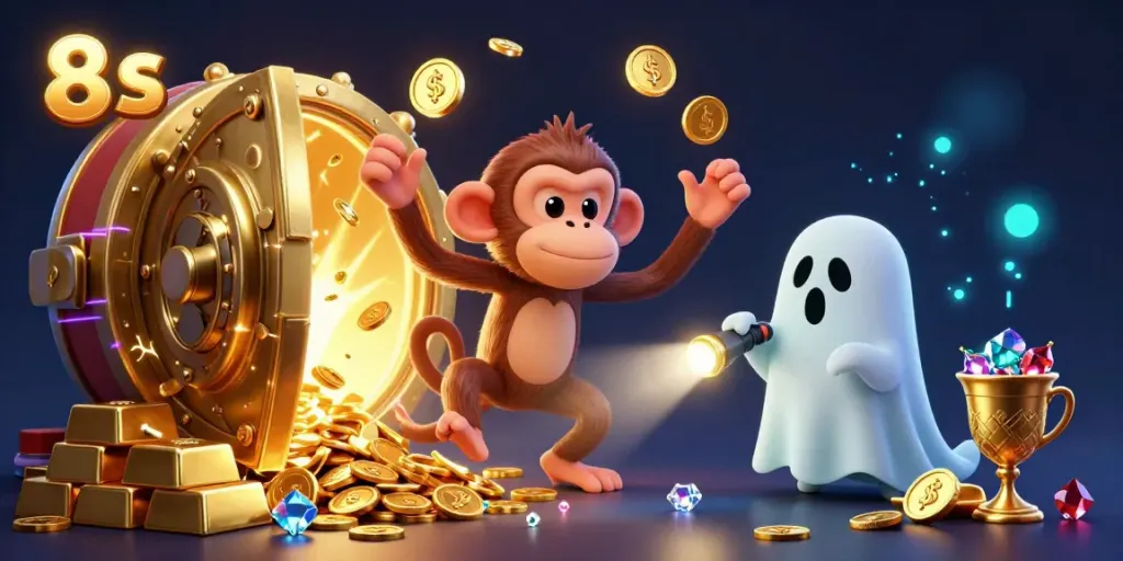 Engage with the 8 S poltergeist monkey and ghost-hunter puppy in a haunted casino illustration full of excitement.