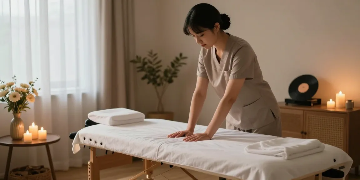 마포출장마사지 전문 관리사가 아늑한 거실에서 편안한 마사지 테이블을 준비하는 모습.