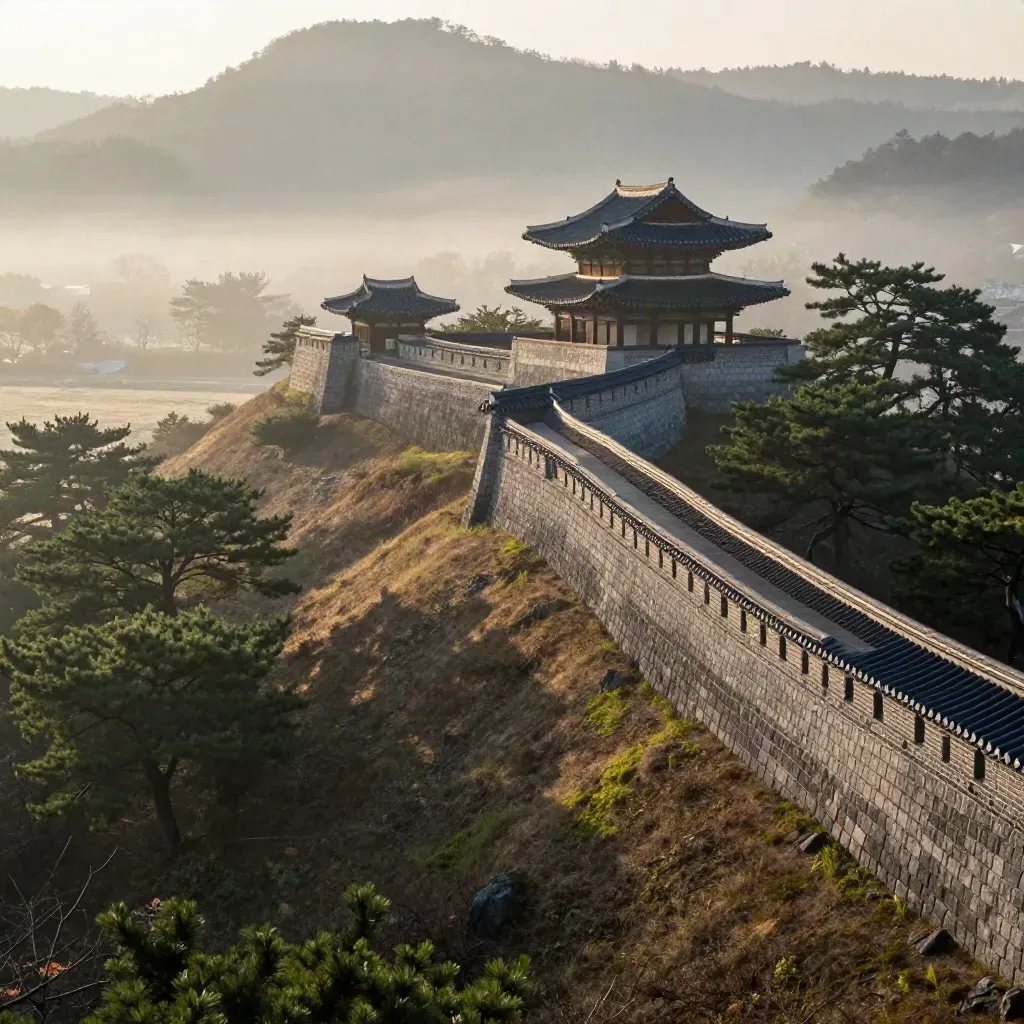 안개가 걷히는 수원 화성 성곽과 숲, 아래엔 잔잔한 들판이 펼쳐진 새벽 풍경