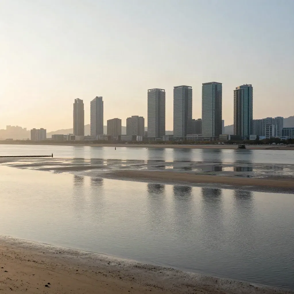 송도 워터프런트 타워와 조용한 갯벌, 아침 안개가 깔린 넓은 해안 풍경
