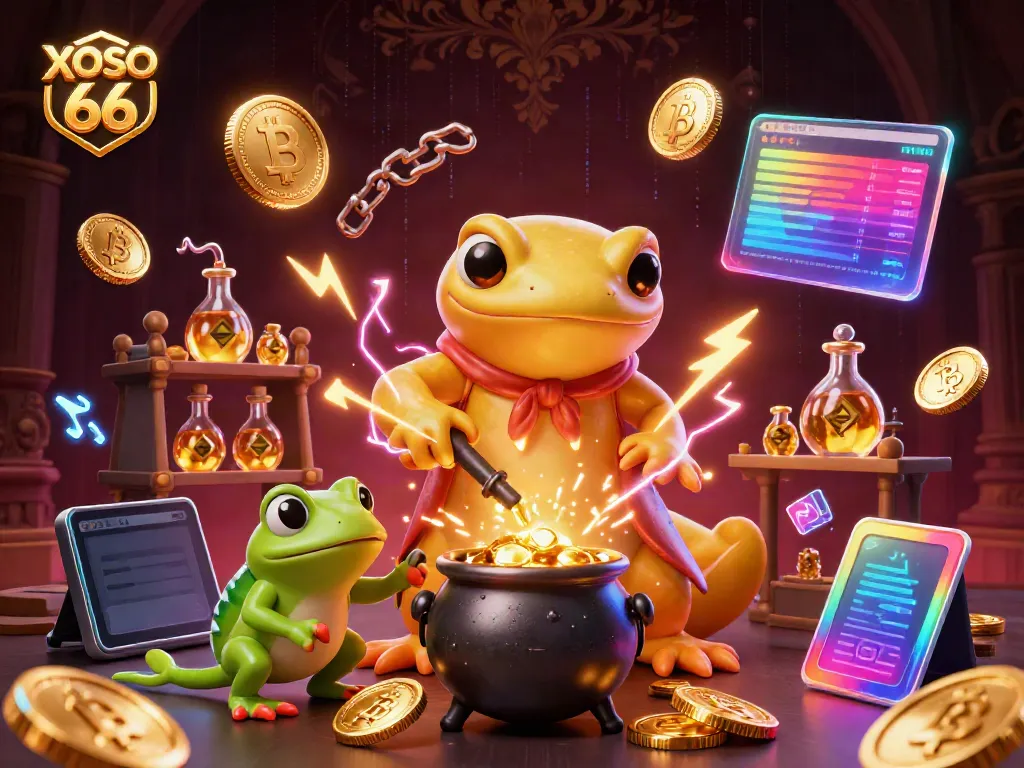 Experience the magic of XOSO 66 with enchanting alchemy and glowing crypto riches.