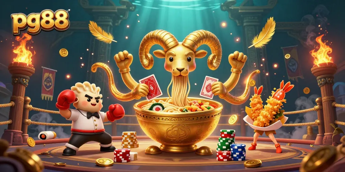 Experience thrilling action with pg88 as a giant ramen bowl and sushi dealers face off in a vibrant casino arena.