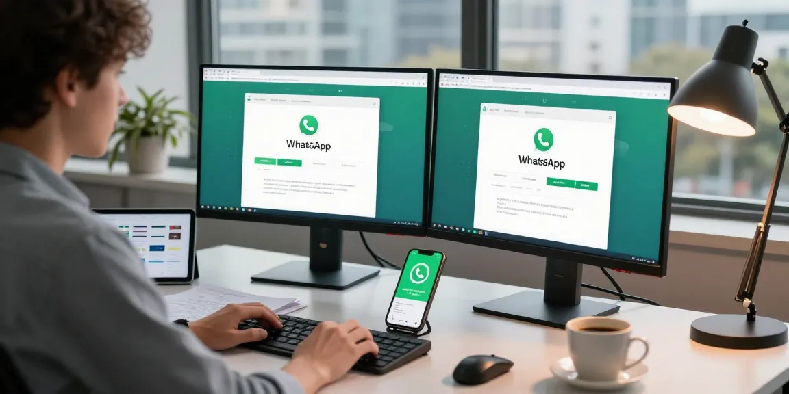 Engaging workspace showing use of WhatsApp網頁版 on dual monitors with modern tech setup.