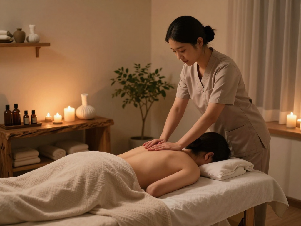 출장마사지 in a serene home spa atmosphere with soft lighting and calming elements.