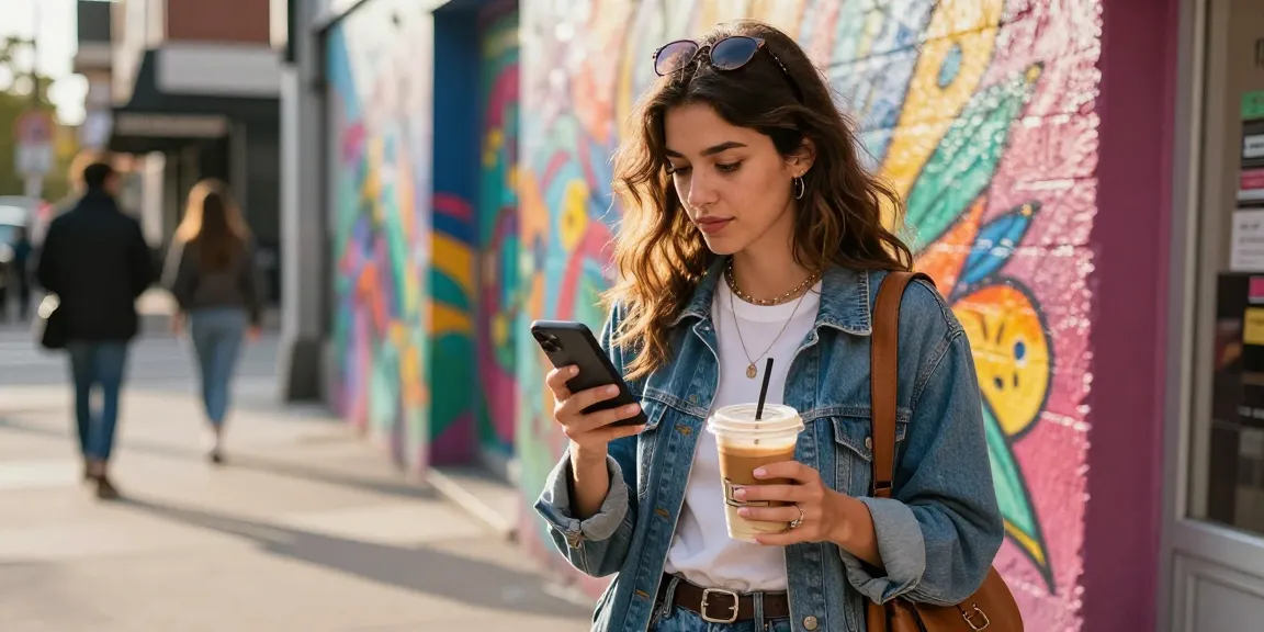 インスタ 韓国人 フォロワー 購入のためにスマホを使う若い女性、スタイリッシュな街の背景が印象的。