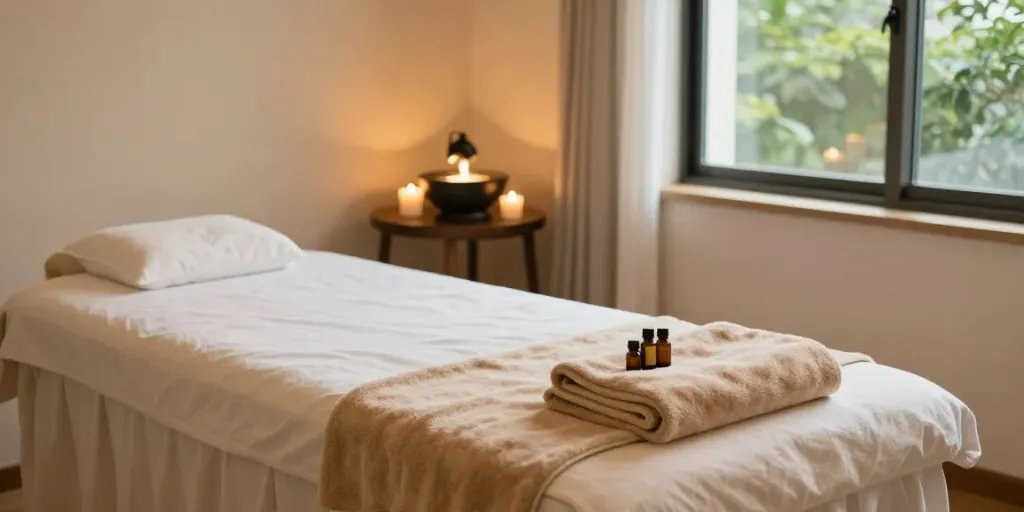 Serene spa environment showcasing 부천출장안마 with massage table and calming decor elements.