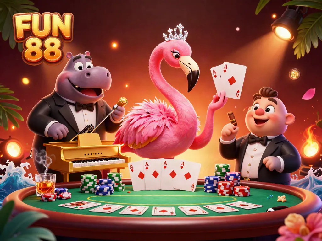 Experience FUN 88's thrilling casino ambiance with a glamorous flamingo singer and a stylish hippo bassist.