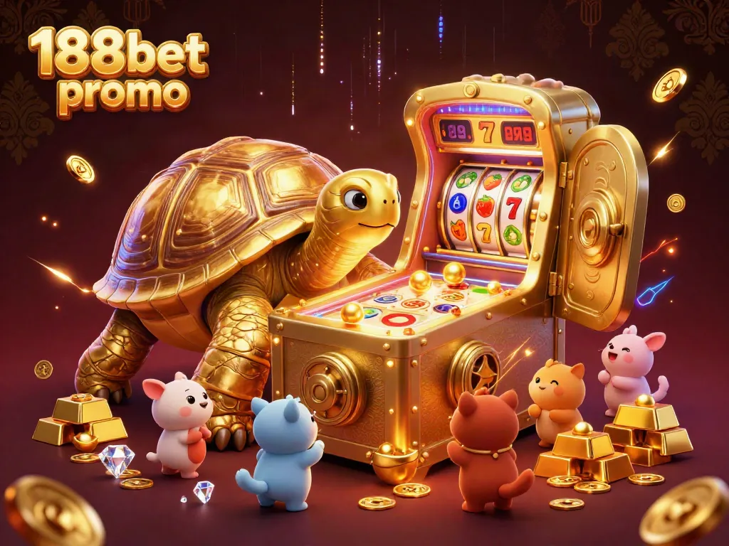 Exciting scene showcasing the 188bet promo with a golden tortoise pinball machine surrounded by vibrant slot game elements.