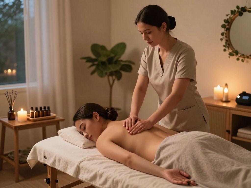 Relaxing 용산출장안마 session in a serene home environment with a massage therapist and soothing ambiance