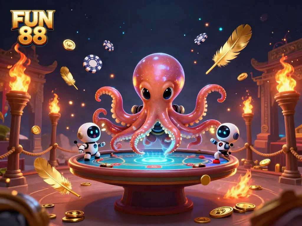 Join the alien octopus at FUN 88, operating a dynamic poker table surrounded by vibrant cosmic elements.