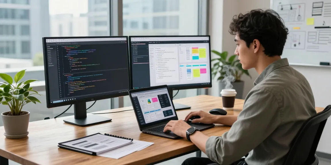 WPS Download in a modern tech workspace with code on screens and creative design elements.