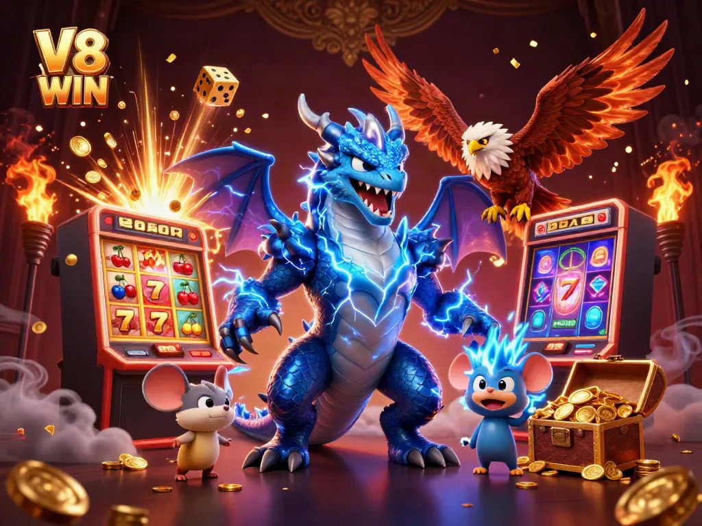 Experience thrilling moments at V8 WIN with a vivid 3D illustration of exciting casino elements.