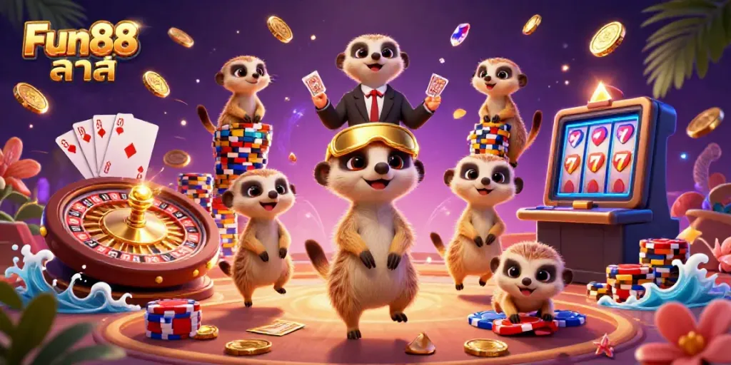Engaging dynamic scene with meerkats operating a vibrant Fun88 ล่าสุด casino environment featuring live betting elements.