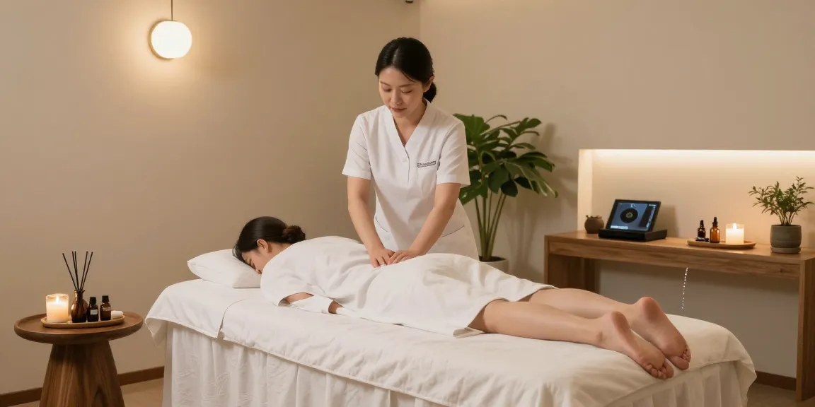 Tranquil spa environment for 하남출장마사지 with massage therapist preparing treatment room, featuring calming lighting and natural elements.