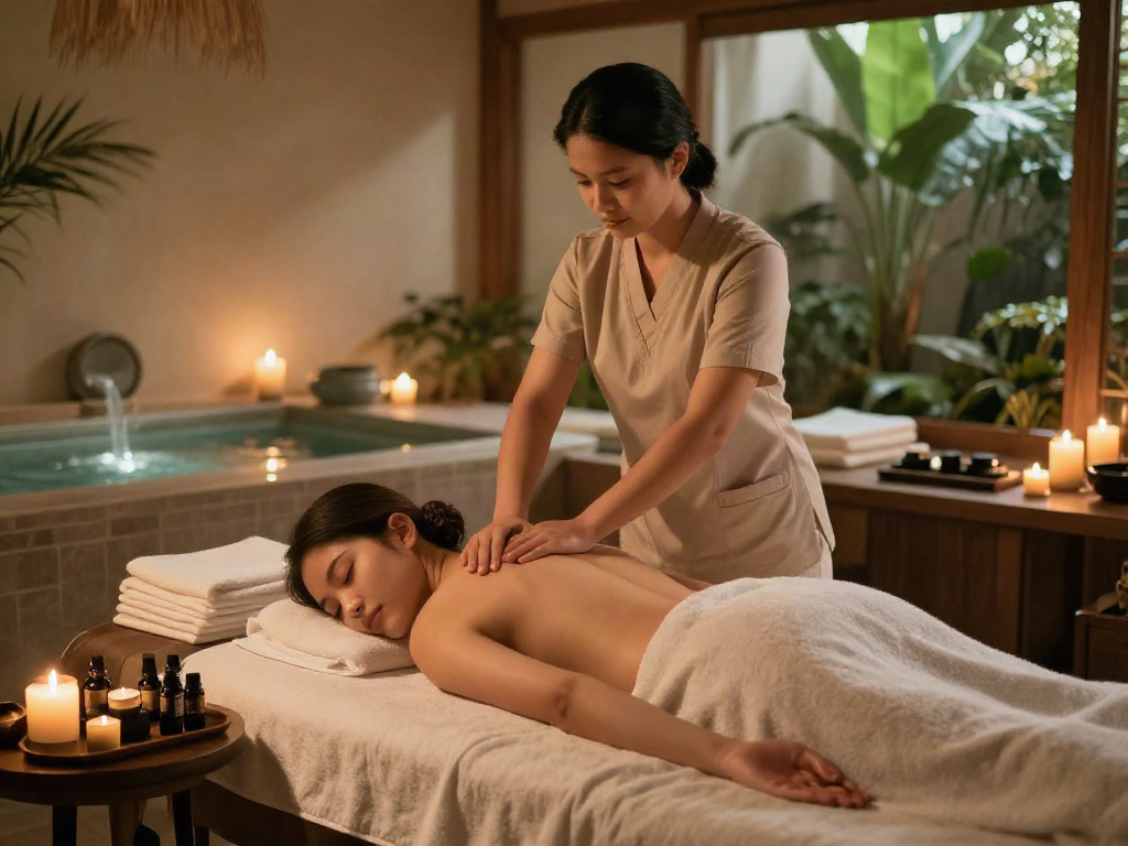 Relaxing 일산출장안마 with a therapist in a serene spa environment, soft lighting, and calming décor.