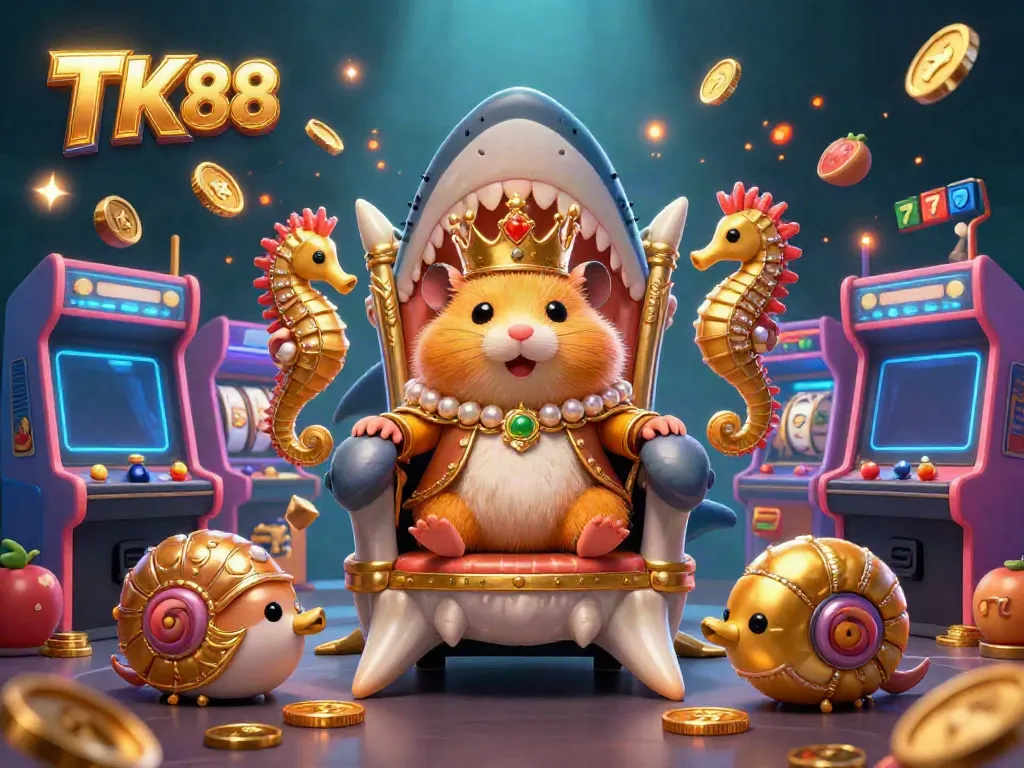 Engage with TK 88 in a lavish casino scene featuring a golden hamster king on a megalodon throne, surrounded by vibrant gaming elements.