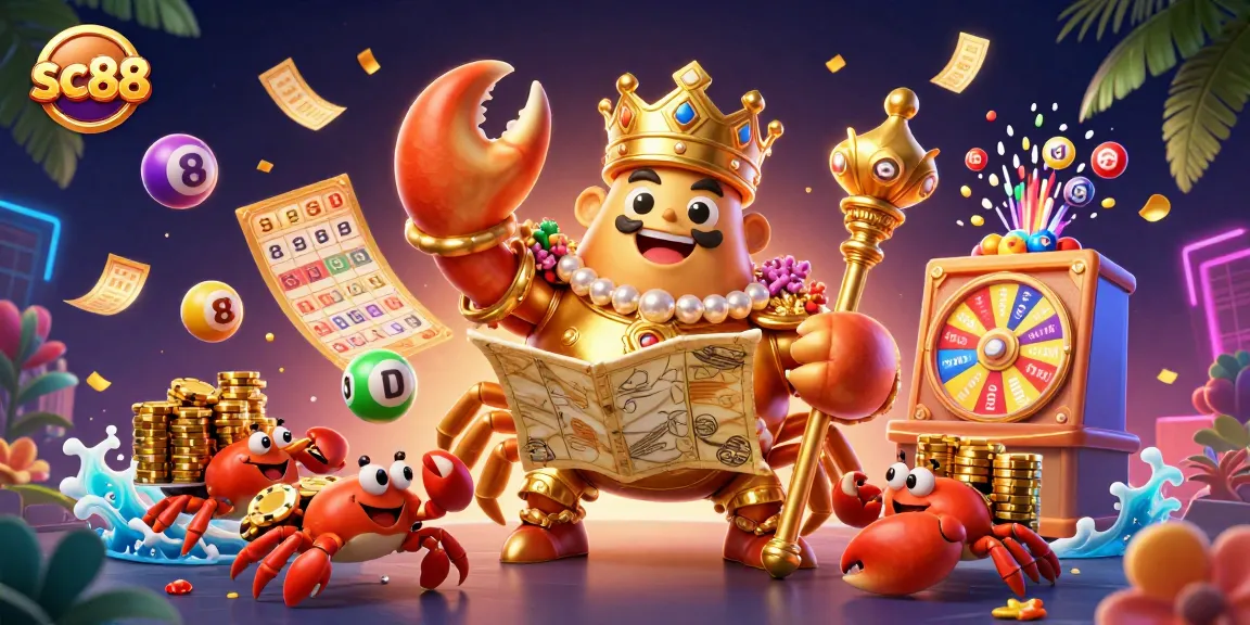 Experience thrilling gameplay with sc88 as a golden crab emperor rules over vibrant lottery elements in a dynamic casino scene.