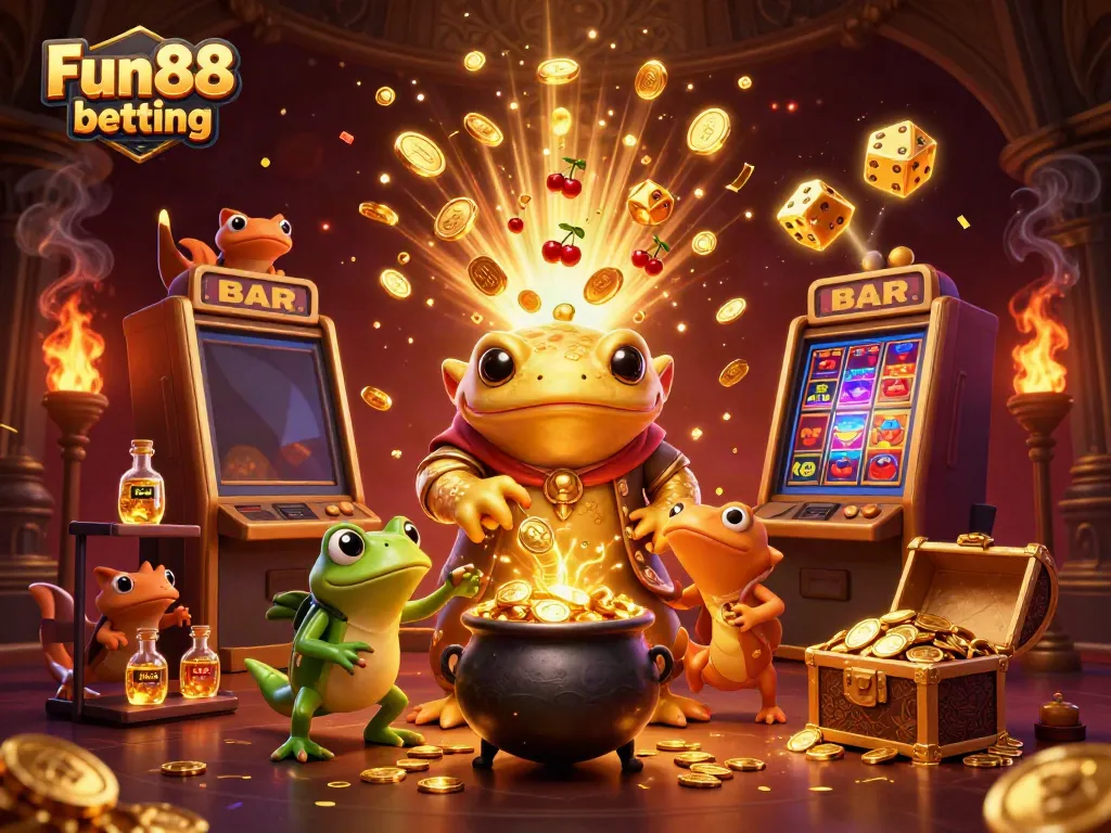 Experience Fun88 betting excitement with a captivating 3D illustration of a golden salamander alchemist and gaming elements.