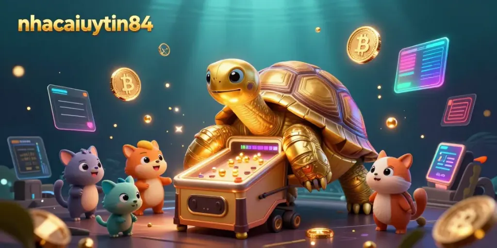 Engaging scene of a colossal golden tortoise casino pinball machine with animals waiting to play at nhacaiuytin84.