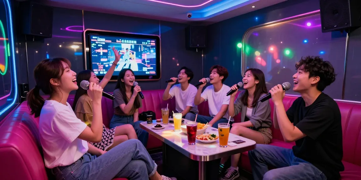 강남가라오케의 현대적인 룸에서 친구들이 즐겁게 노래 부르는 모습