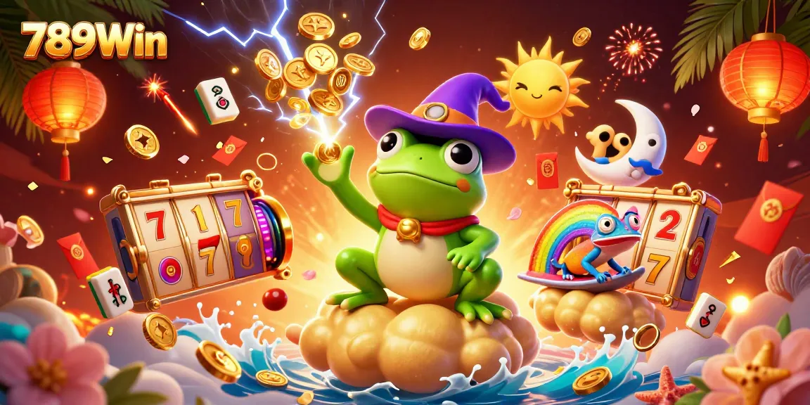 Experience thrilling winning moments with 789Win as a frog wizard reigns gold in a vibrant 3D casino world.