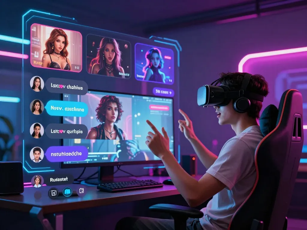 User engaged with an nsfw chat bot in a futuristic digital landscape.