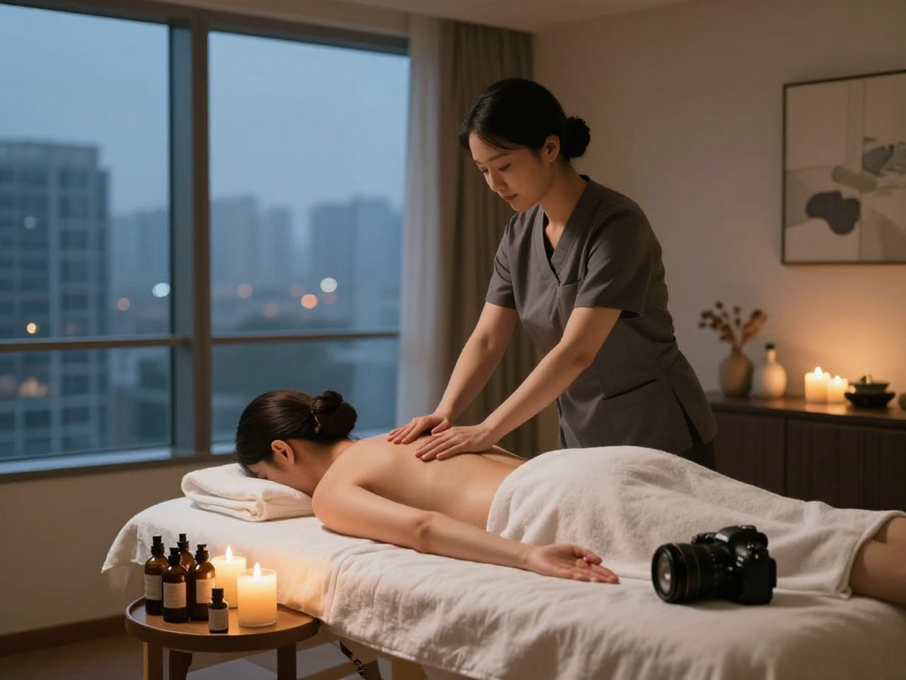 Relaxing 출장안마 session in a modern hotel room, tranquil atmosphere.