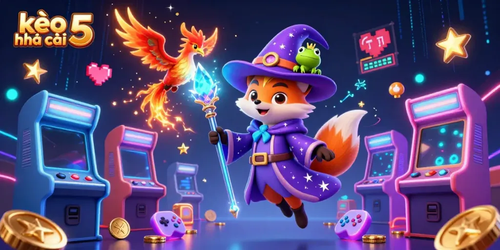 Bet on kèo nhà cái 5 with a magical scene featuring a wizard fox, phoenix, and arcade machines.