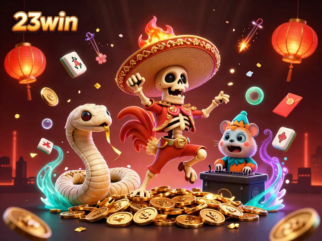Celebrate your wins at 23win with a vibrant casino scene featuring lively characters and exciting game elements.