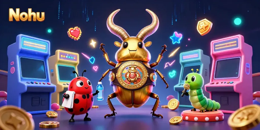 Nohu's vibrant gaming scene features an epic showdown with a golden stag beetle and casino-themed arcade elements.