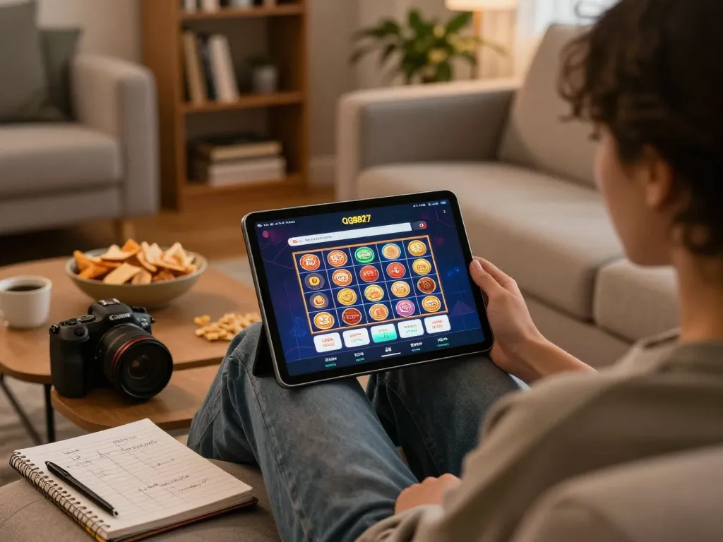 Engaging with the qq8827 online casino app on a tablet while enjoying a cozy home gaming experience.