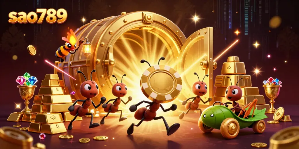 Experience the thrilling heist adventure in sao789 with a colorful team of ants and a golden poker chip.