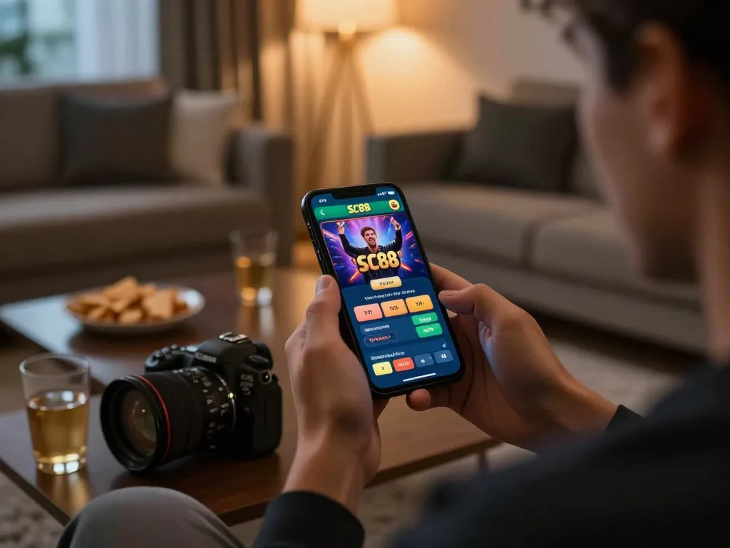 Engaging in online gaming with the SC88 app on a smartphone in a cozy living room.