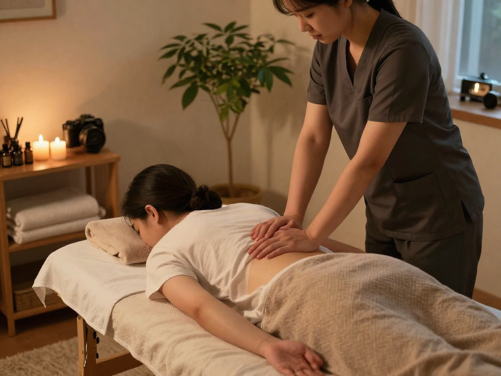 Experience a soothing 성북구출장마사지 in a serene home setting, showcasing a professional therapist creating a calm atmosphere.