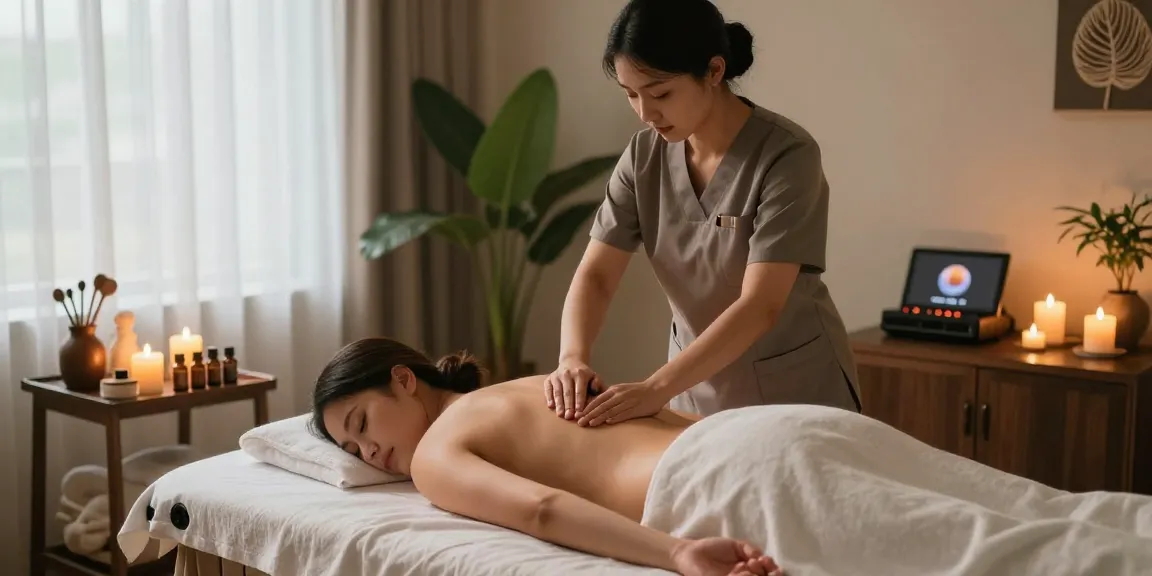 강남출장안마 tranquil massage session in a calming spa environment with soft lighting.