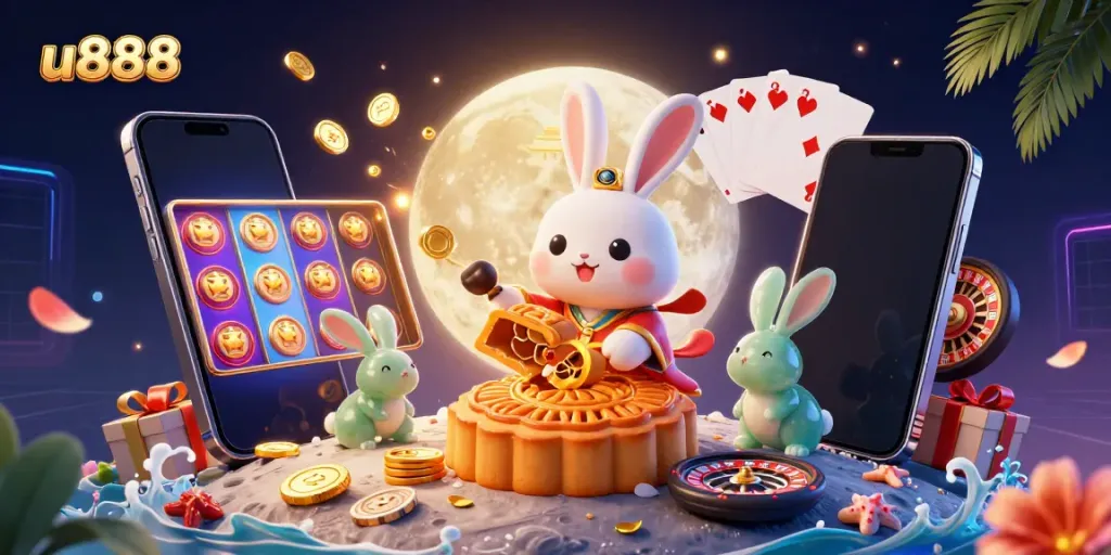 Experience the thrill of u888 with an illustrated scene of a moon rabbit and jade companion featuring casino elements.