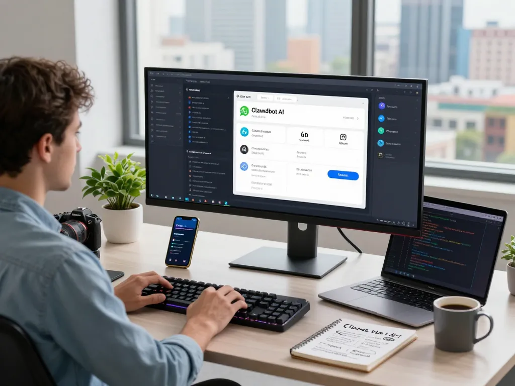Clawdbot AI interface displayed on a developer's monitor in a modern workspace setup.