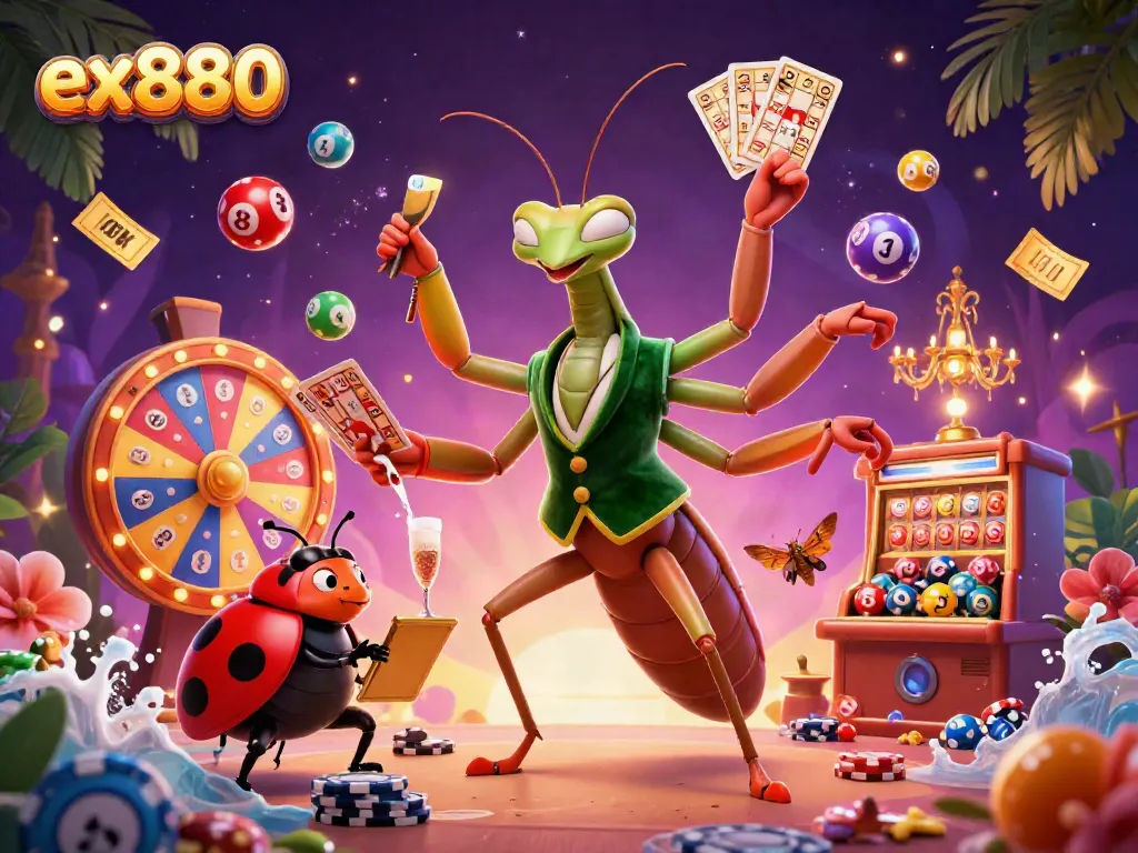 Experience ex880 action as a giant mantis deals cards amidst colorful gaming chaos.