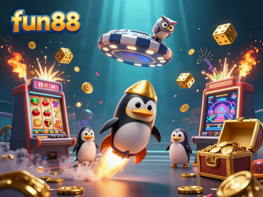 Experience the excitement of fun 88 with a thrilling 3D casino scene featuring vibrant characters, games, and golden treasures.