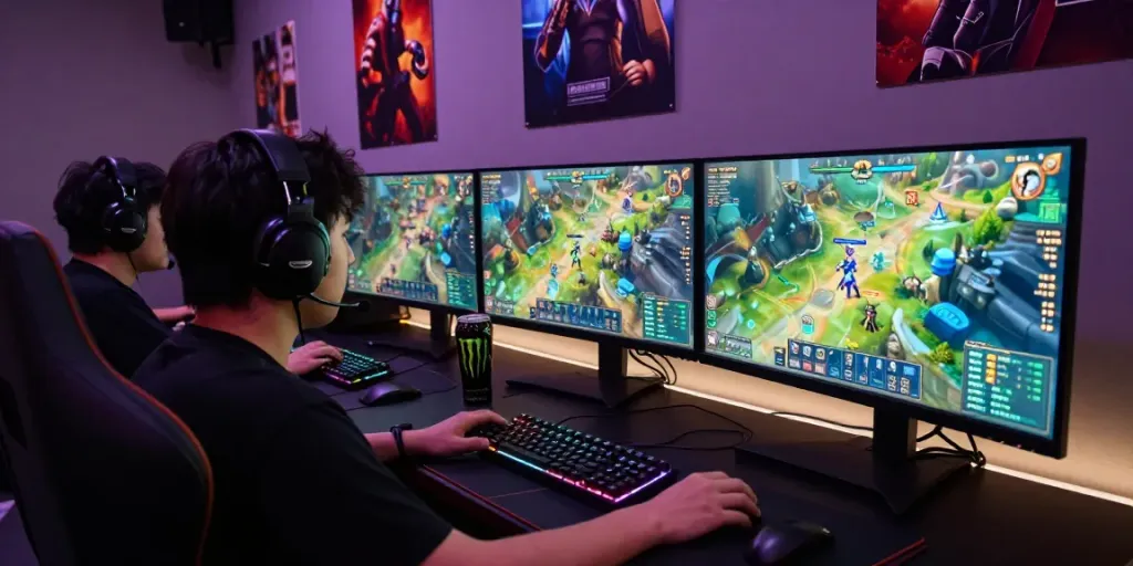 Không gian chơi game chuyên nghiệp của f168 với thiết bị gaming hiện đại và bầu không khí năng động.