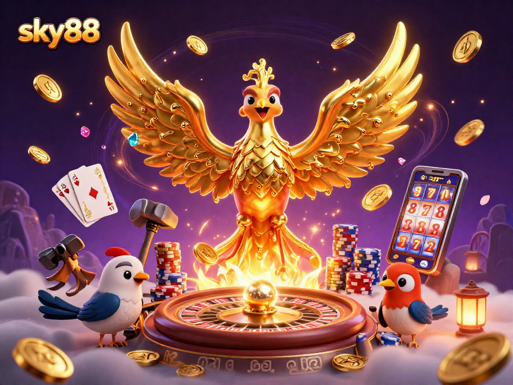 Experience the magic of victory with sky88: dynamic gaming scene bursting with golden coins and excitement.