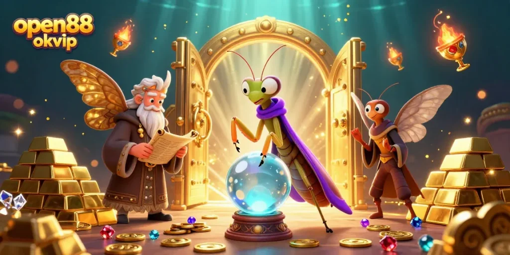 Experience the excitement of open88 okvip with a dynamic casino-themed illustration featuring mystical elements